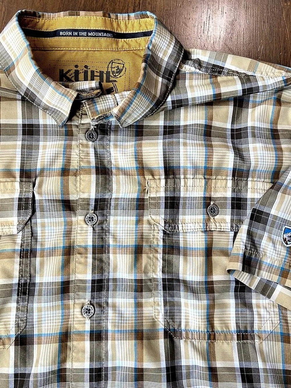 Kuhl Eluxur Shirt Mens Medium M Short Sleeve Plaid Snap Outdoor Tan Brown Blue